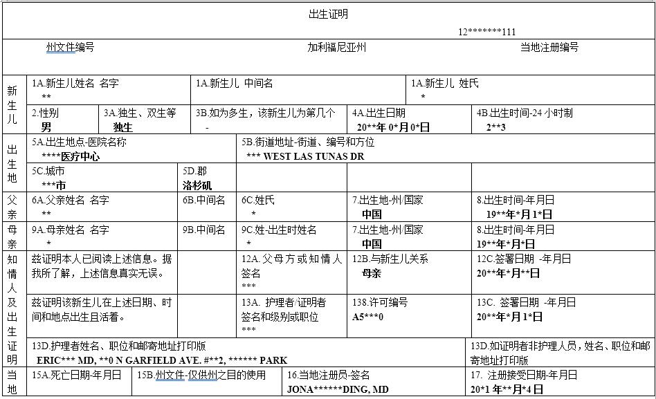 加利福尼亞州出生證明翻譯成中文模板內容